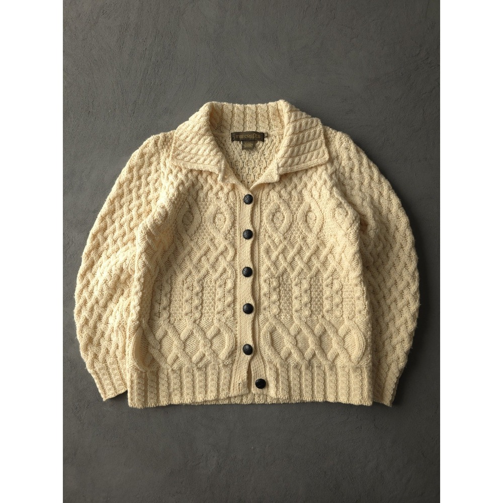 Vintage 90s Y2K Inis Crafts 100% Merino Wool Cable Knit Cardigan Sweater M Ivory